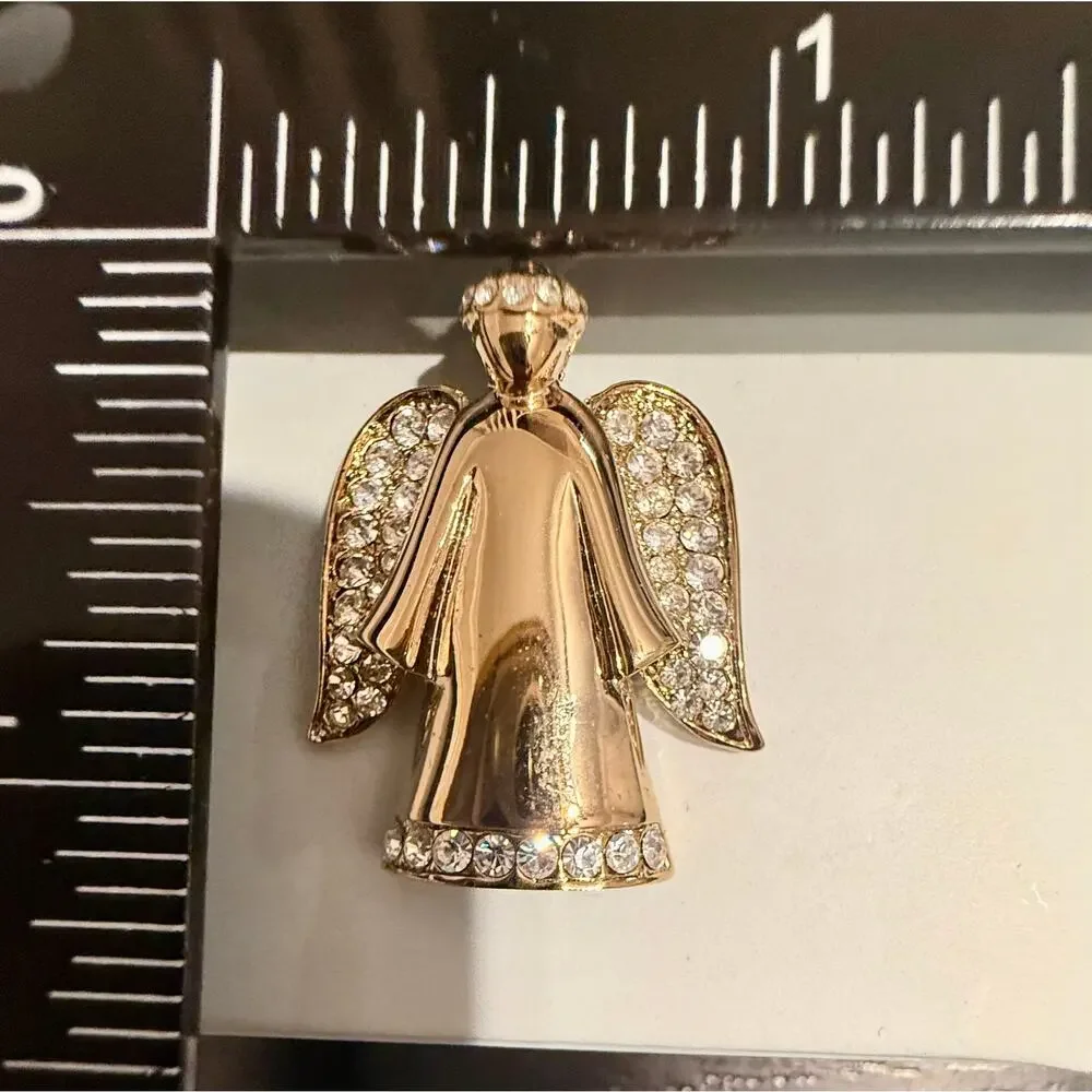 Vintage Signed Monet Gold Tone Rhinestone Angel Brooch With Original Box